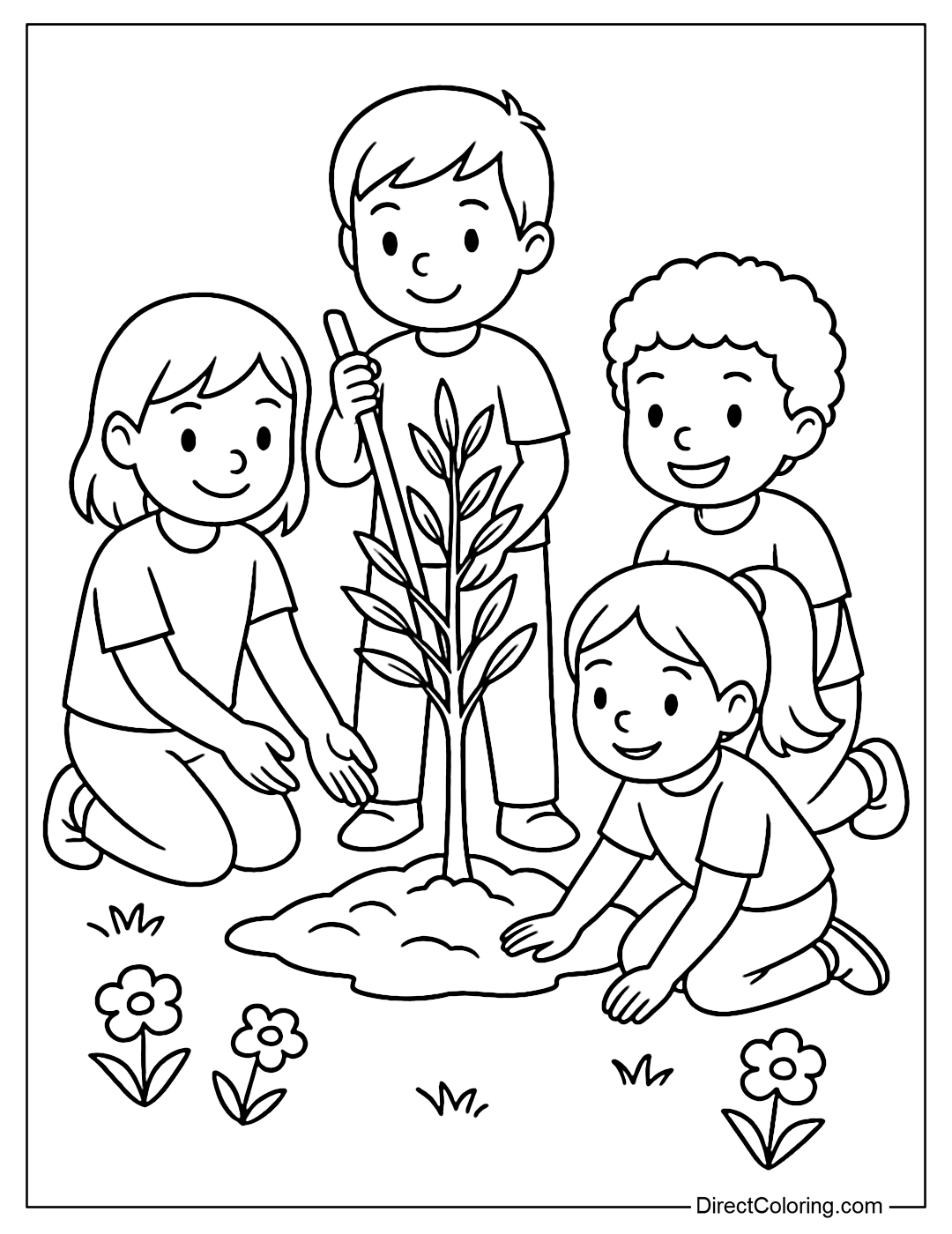 A coloring page of a group of children planting an olive tree together on the ground with a few flowers growing.